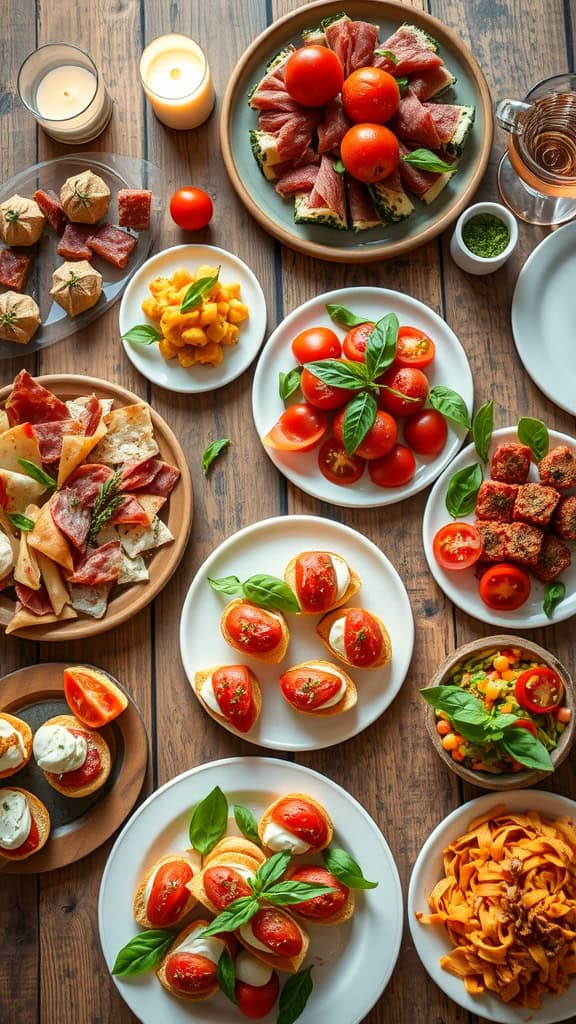 A beautifully arranged Italian-themed engagement party spread featuring bruschetta, fresh tomatoes, and various appetizers.