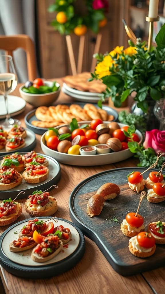 A beautifully arranged spread of Italian party food, including bruschetta, cherry tomatoes, and assorted appetizers.