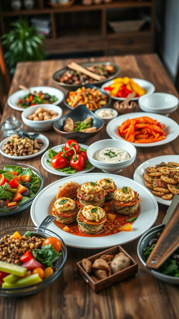 A variety of delicious vegetarian dishes arranged on a table, including stuffed zucchini rounds, salads, and dipping sauces.