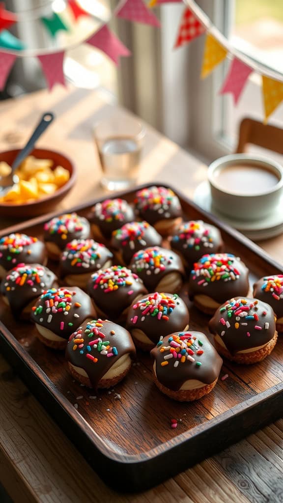 Chocolate-dipped cheesecake bites topped with colorful sprinkles