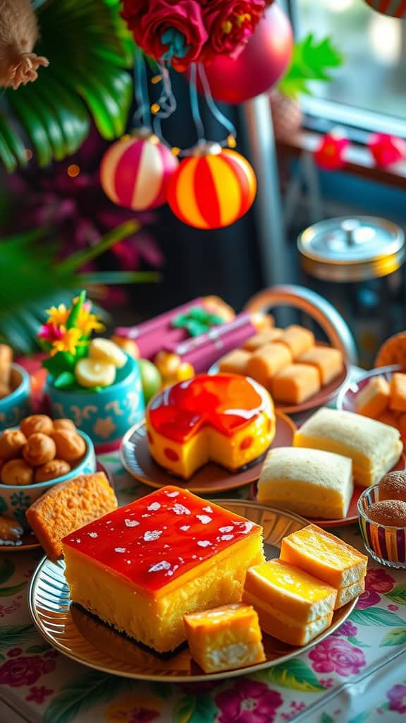 A colorful display of various Filipino desserts and sweets.