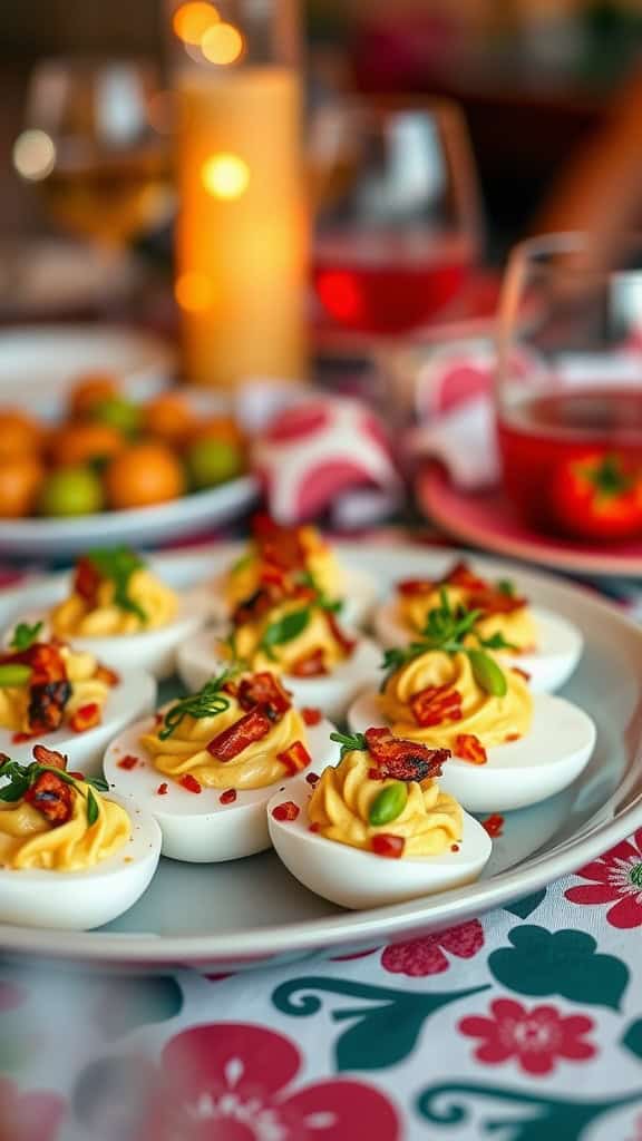 A plate of deviled eggs topped with bacon and herbs, served as a cold party food option.