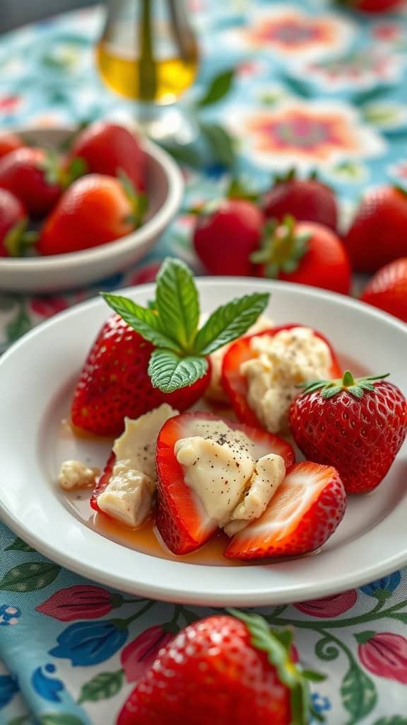 Delicious deviled strawberries with cream cheese filling and mint garnish.