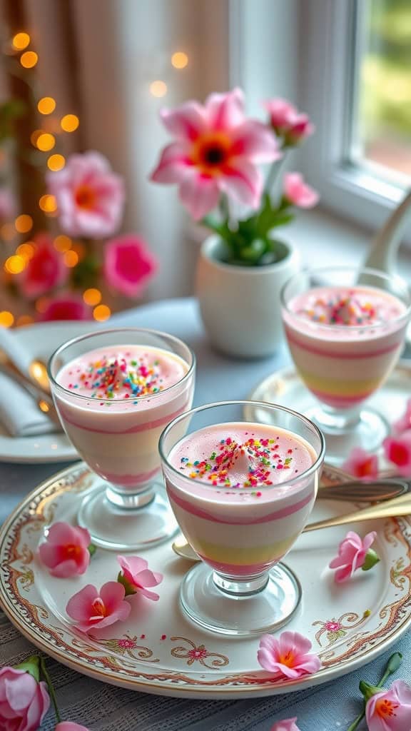 Colorful layered pudding cups topped with sprinkles, ideal for a fairy party.