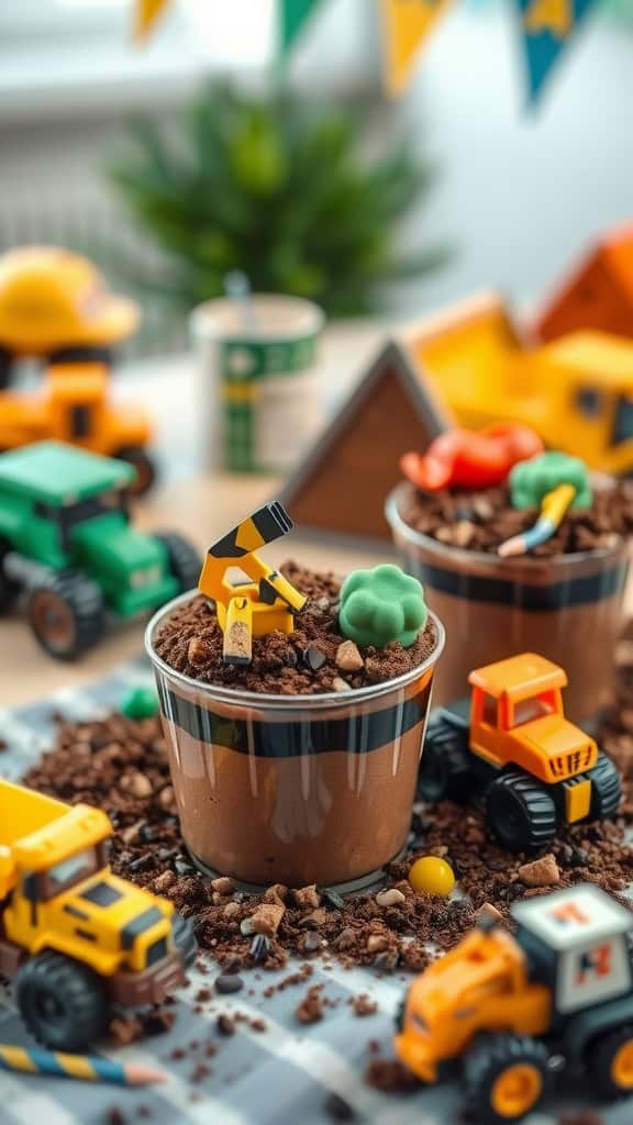 Chocolate pudding cups decorated like construction site dirt with cookie crumbles and small toys.