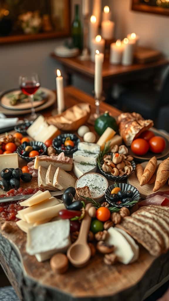 A beautifully arranged dinner party food board featuring various cheeses, meats, olives, and colorful vegetables.