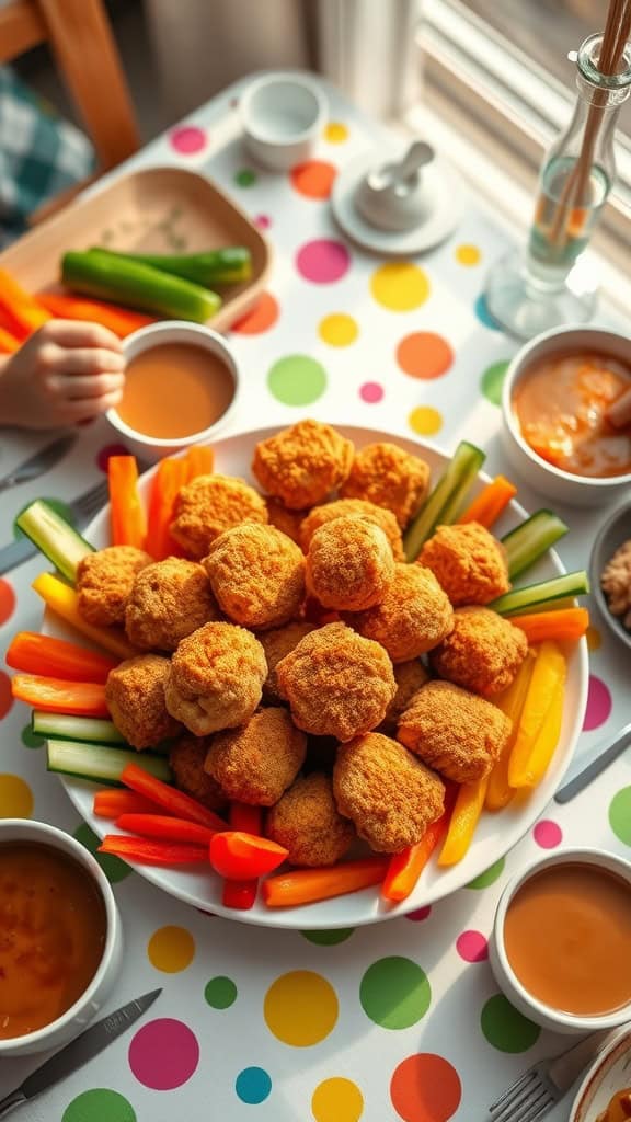 Plate of chicken nuggets surrounded by colorful vegetable sticks and dips.