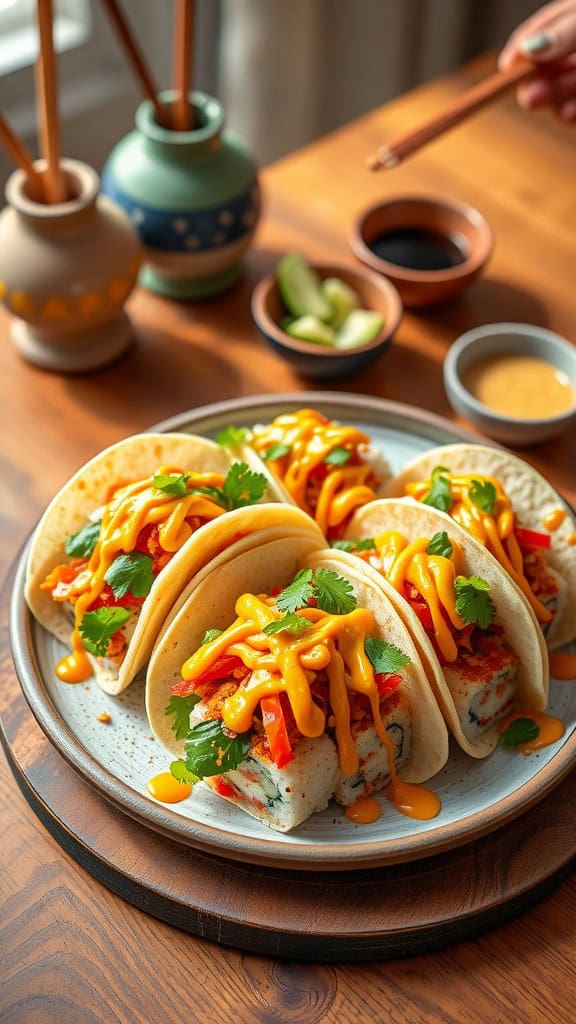 Sushi tacos with spicy mayo garnished with cilantro