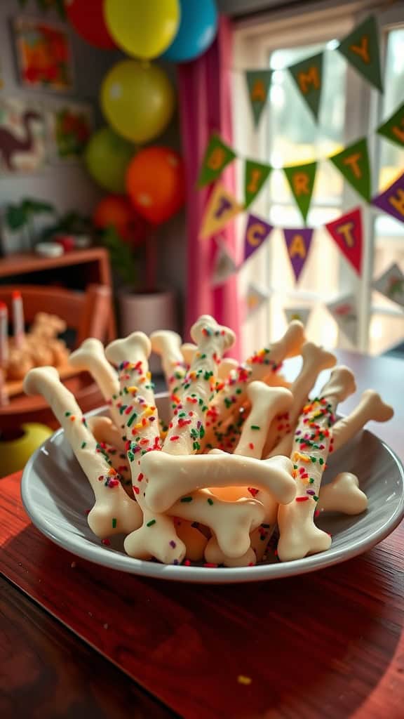 Dino Bone Pretzel Sticks decorated with colorful sprinkles.