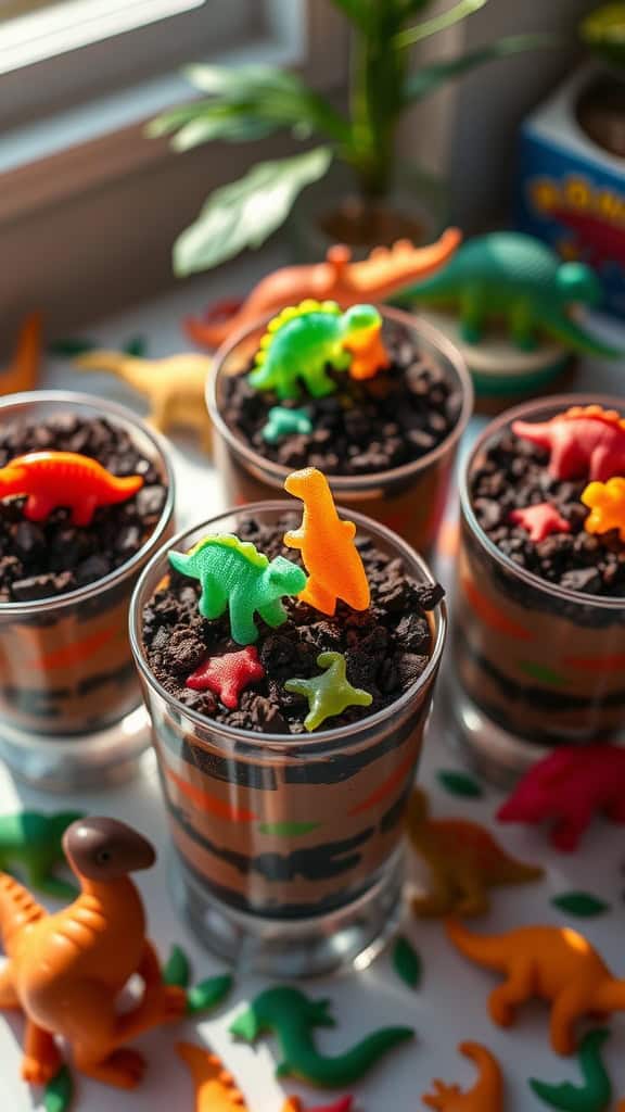 Chocolate pudding dessert with crushed cookies and gummy dinosaur toppings