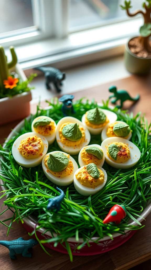 Dino Egg Deviled Eggs displayed on a platter with green grass decoration.