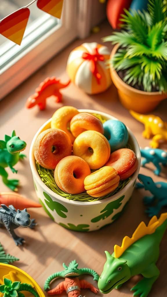 Colorful donut holes served in a bowl with dinosaur themed decorations