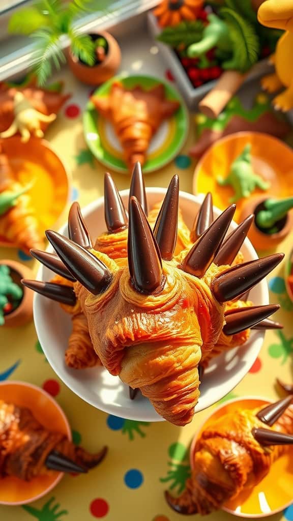 Croissants shaped like dinosaur claws with chocolate tips.