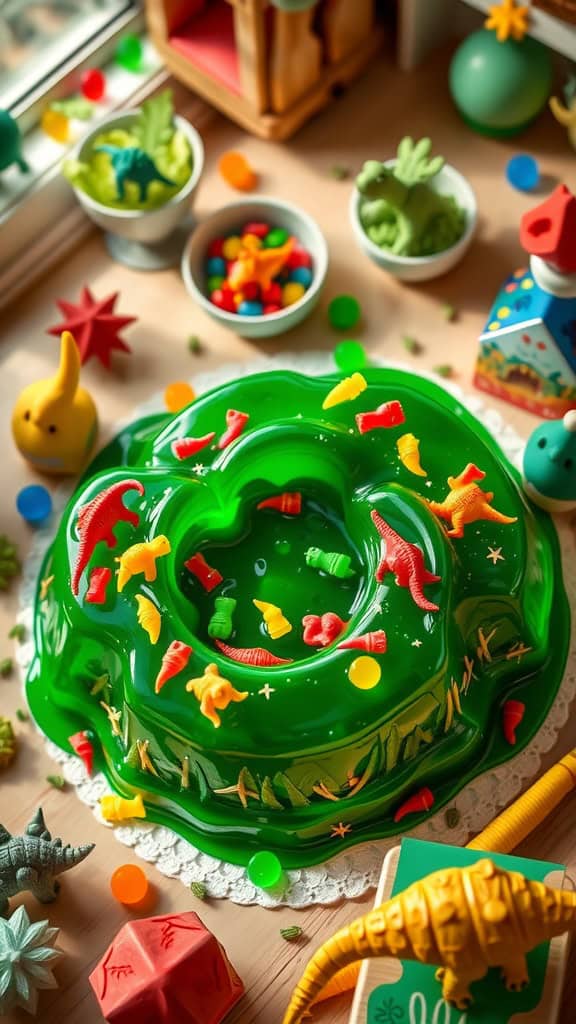 A vibrant green jello dessert with gummy dinosaurs hidden inside, perfect for a dinosaur-themed party.