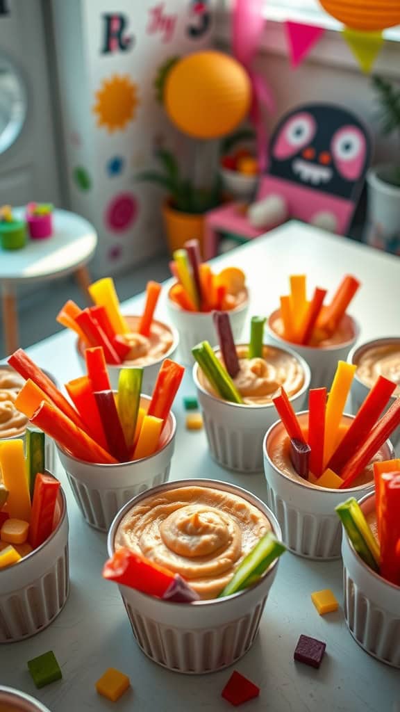 Veggies and hummus cups with colorful vegetable sticks