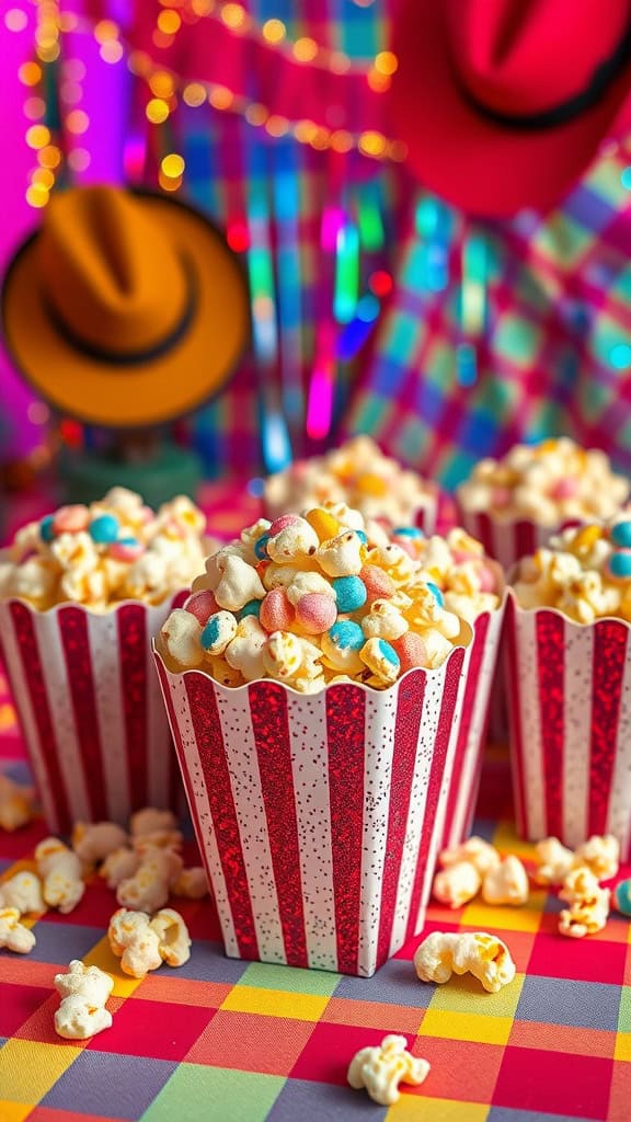 Colorful popcorn bags with glitter and sprinkles, perfect for a Cowgirl party.