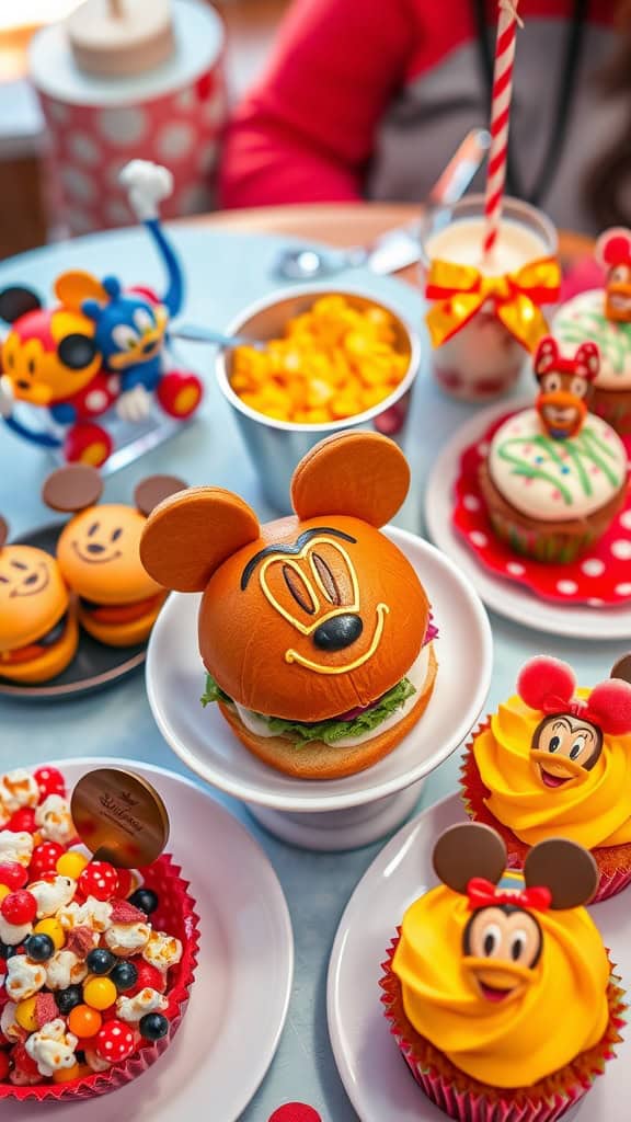 A table filled with Disney-themed snacks including burgers, cupcakes, and colorful treats.