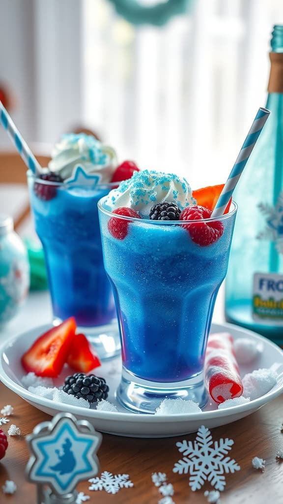 Two blue raspberry slushies in clear glasses topped with whipped cream and berries, served on a white plate.