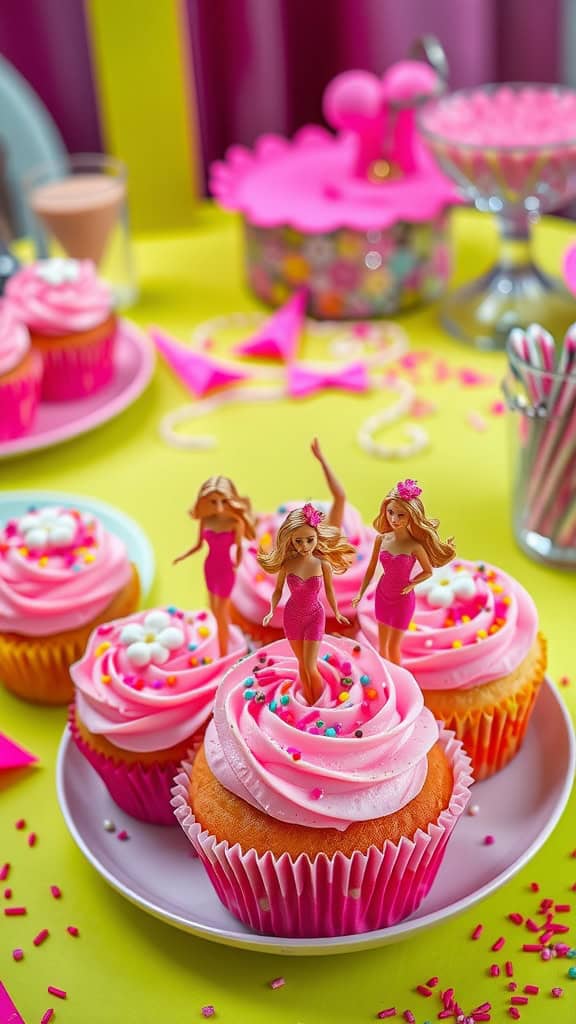 Colorful pink cupcakes with Barbie toppers, perfect for a party.