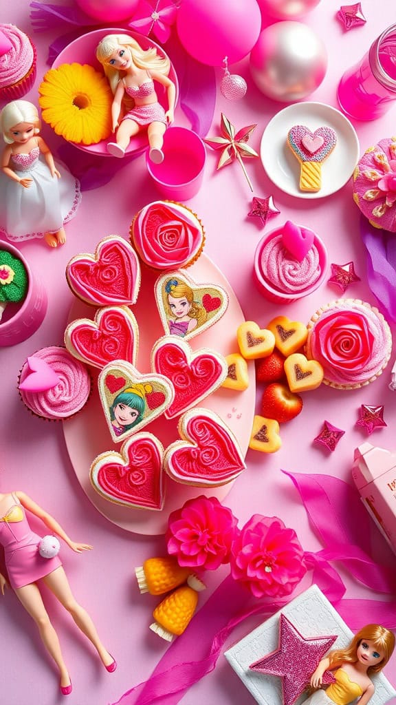 Colorful heart-shaped cookies decorated for a Barbie-themed party.