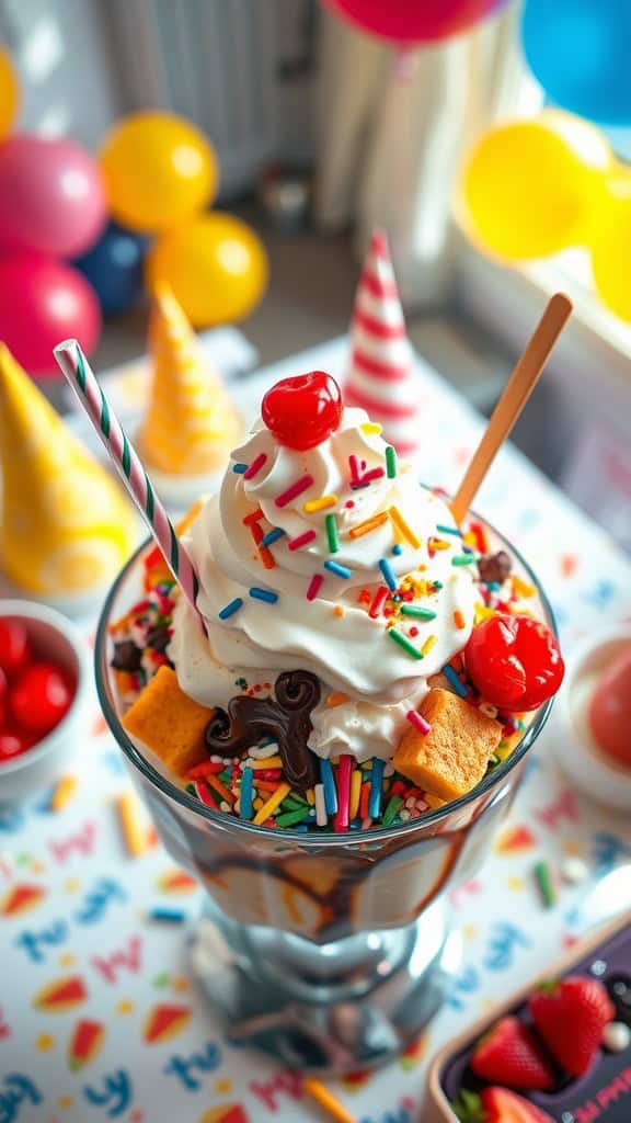 DIY Ice Cream Sundae Bar with various toppings for a birthday party.