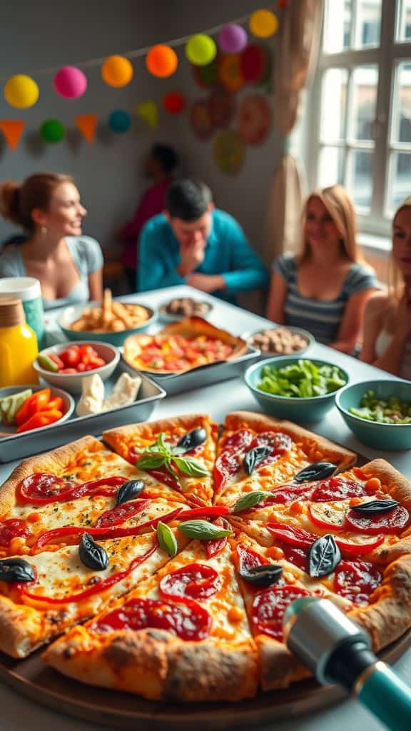 A pizza bar setup with various toppings and freshly baked pizzas.