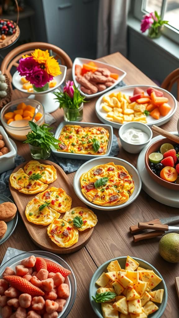 A beautifully arranged brunch buffet featuring mini frittatas, fresh fruits, and pastries.