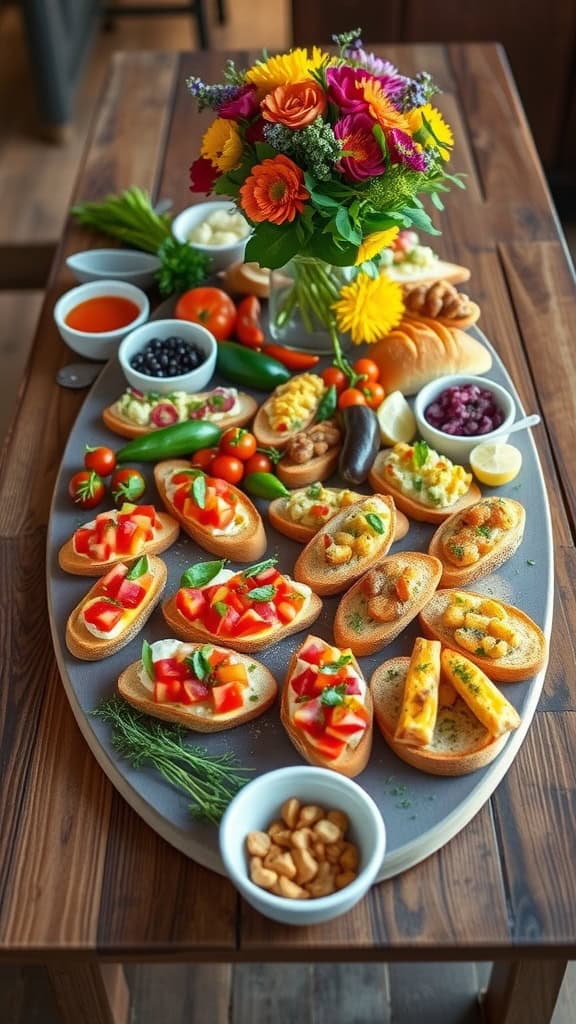 A beautifully arranged platter of bruschetta and crostini with various toppings and garnishes.