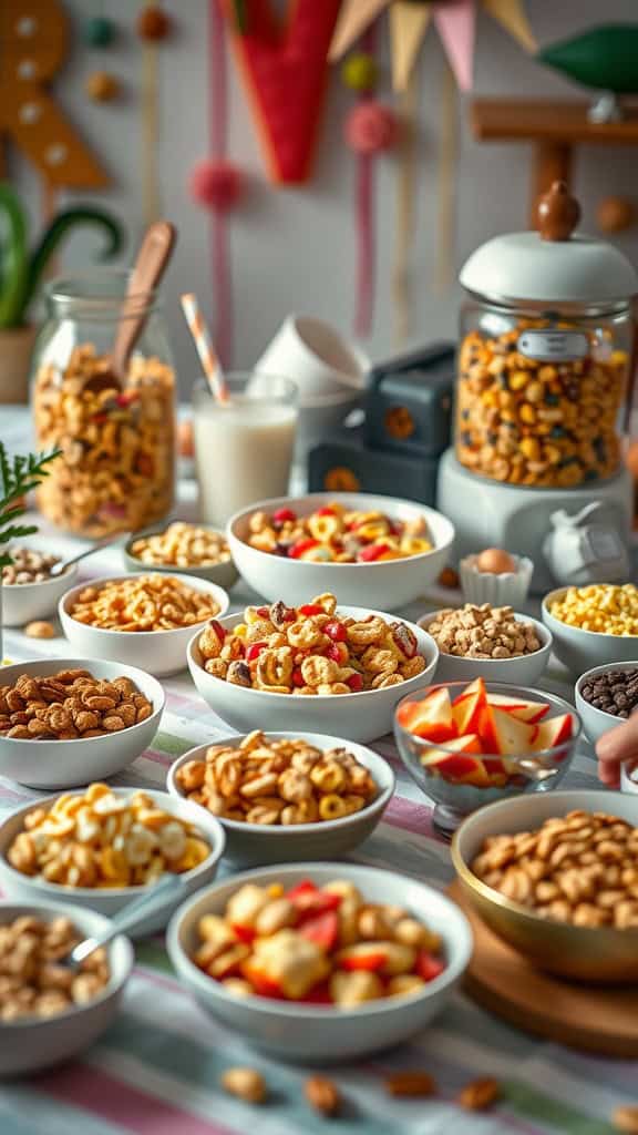 A vibrant display of various cereals and toppings for a DIY cereal bar.