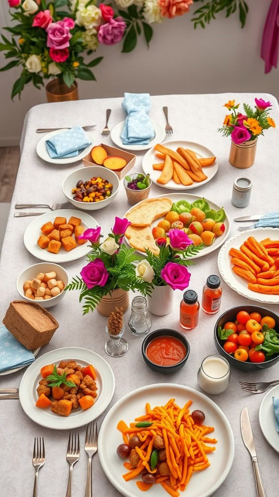 A beautifully arranged engagement party food table featuring a variety of colorful dishes and fresh ingredients.