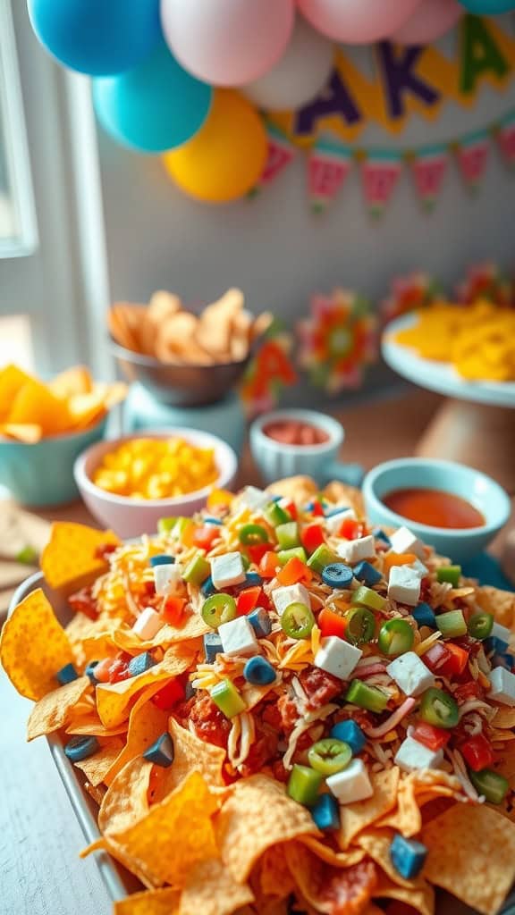 Build your own nachos station with tortilla chips, cheese, and various toppings for a gender reveal party.