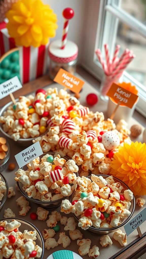 A colorful display of gourmet popcorn with various toppings and decorations for a DIY popcorn bar.