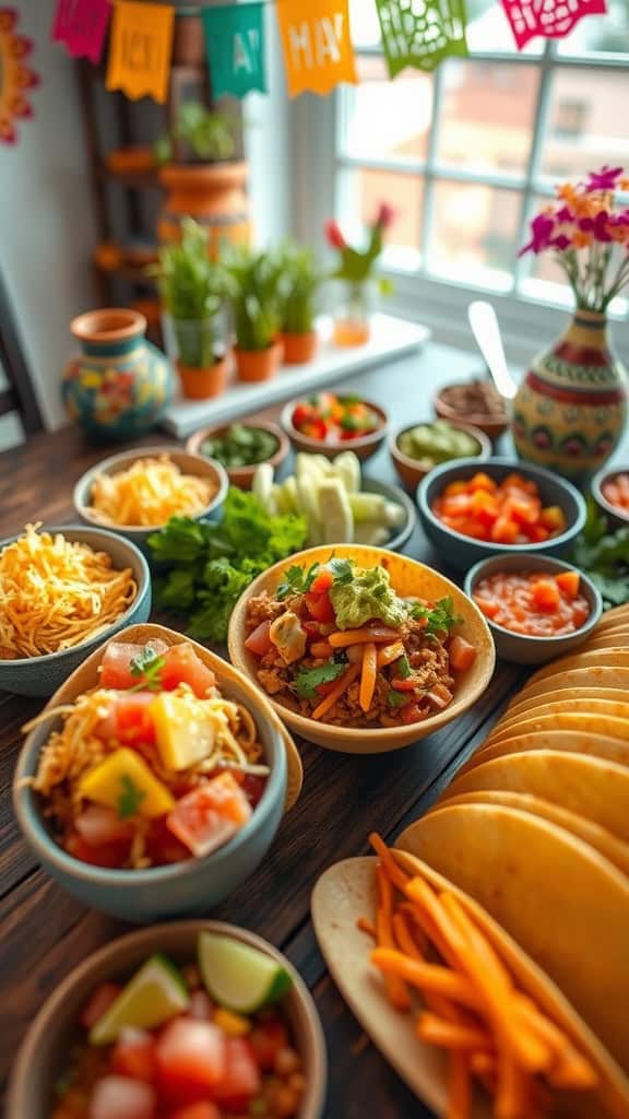 A colorful and inviting DIY taco bar setup with various toppings and ingredients for making tacos.