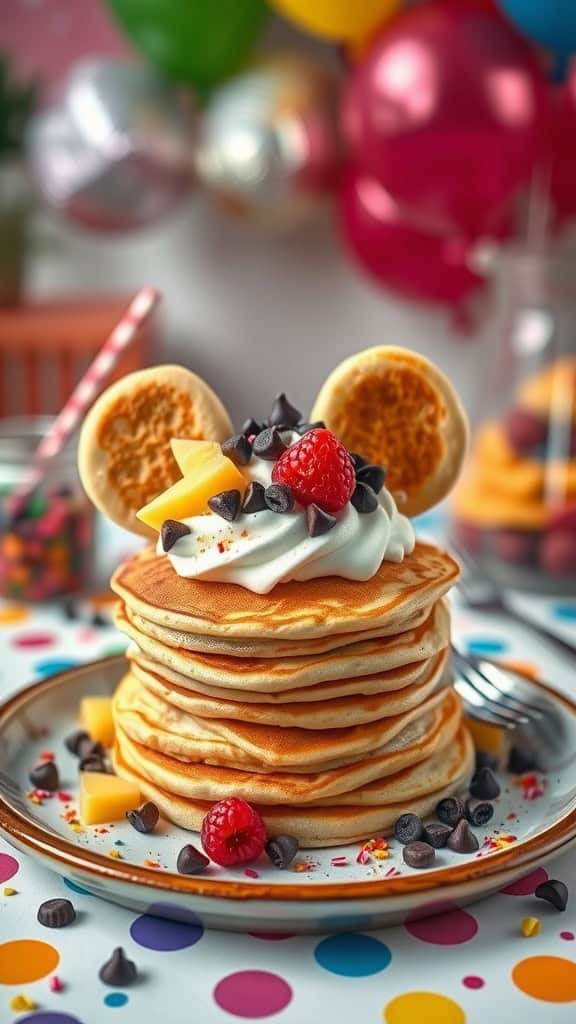 DIY Mickey Mouse pancake stack with toppings