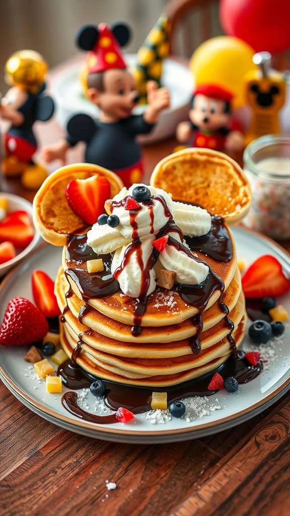 Fun Mickey Mouse pancakes topped with whipped cream, chocolate syrup, and fresh fruit.