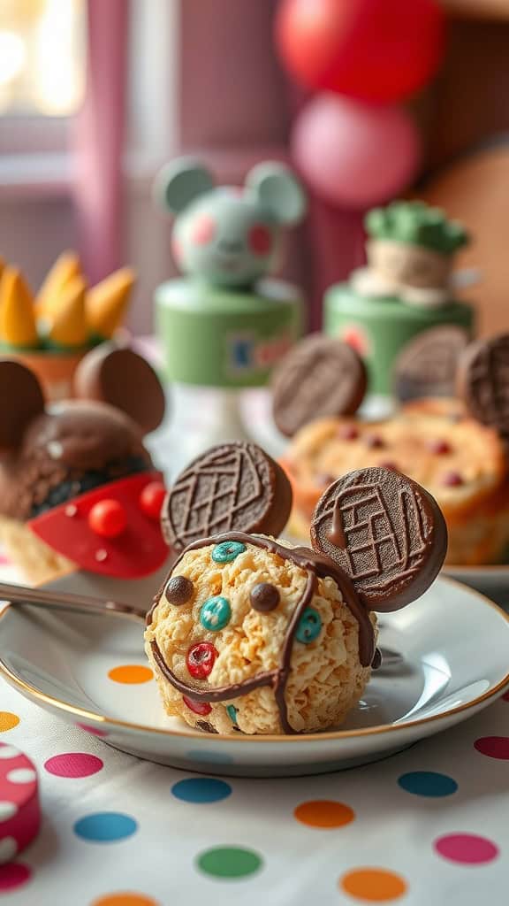 Delicious Mickey Mouse Rice Krispie treats with chocolate ears and colorful candy decorations.