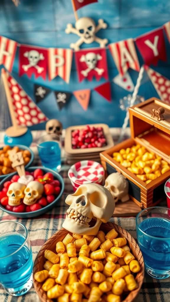 A pirate-themed food table with colorful snacks