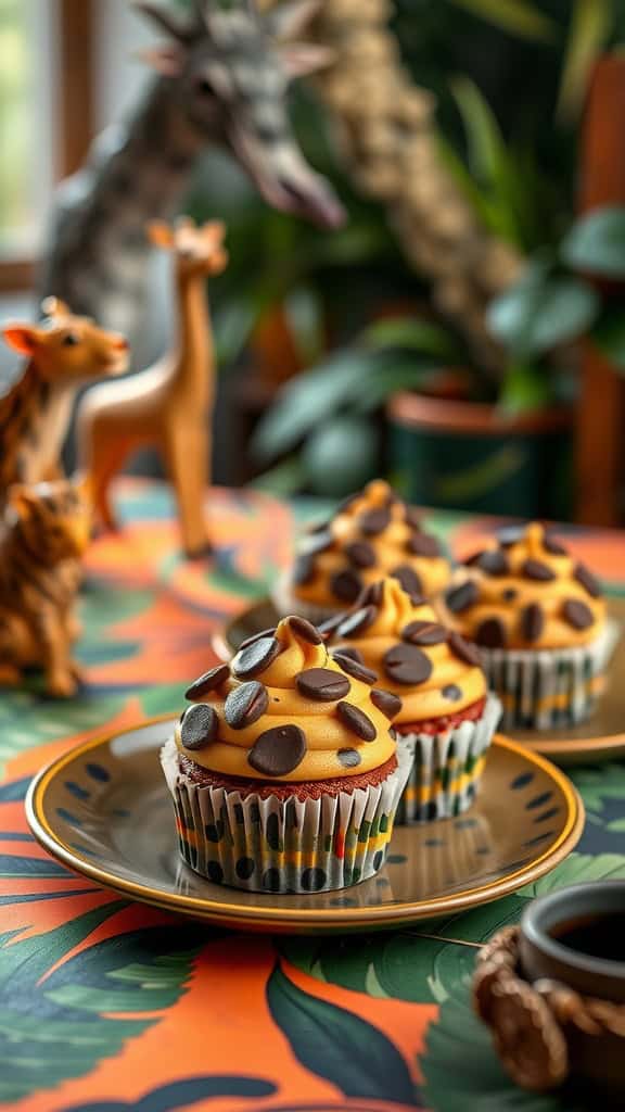 Leopard-print cupcakes with chocolate spots on a plate, surrounded by safari-themed decorations