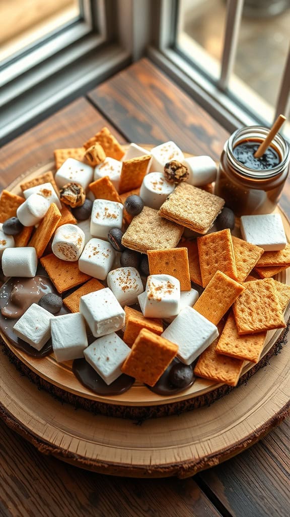 A platter with graham crackers, gourmet marshmallows, chocolate squares, and dipping sauces for a DIY s'mores experience.