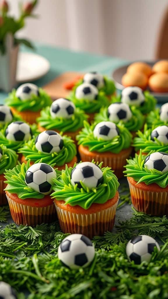 Colorful DIY soccer cupcakes with green grass frosting and mini soccer ball decorations.