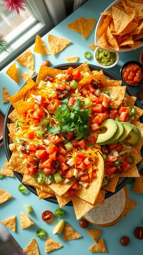 A colorful and inviting DIY taco bar platter with tortillas, various toppings, and fresh ingredients.