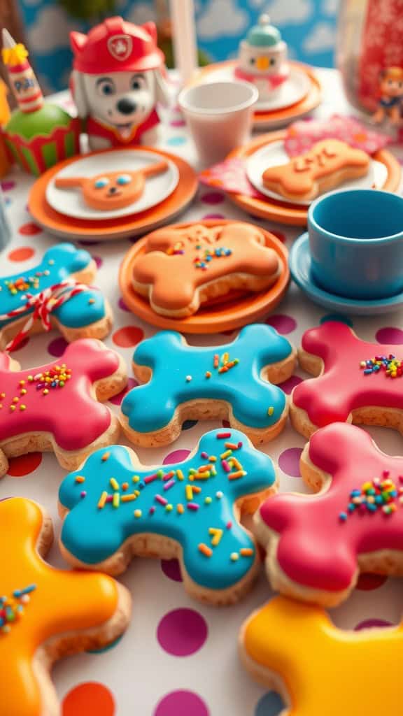 Colorful dog bone-shaped sugar cookies decorated with icing and sprinkles.