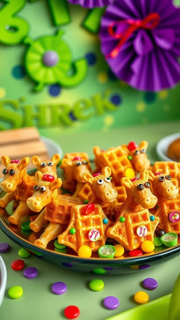 Plate of mini donkey-shaped waffle bites with colorful toppings on a festive background.