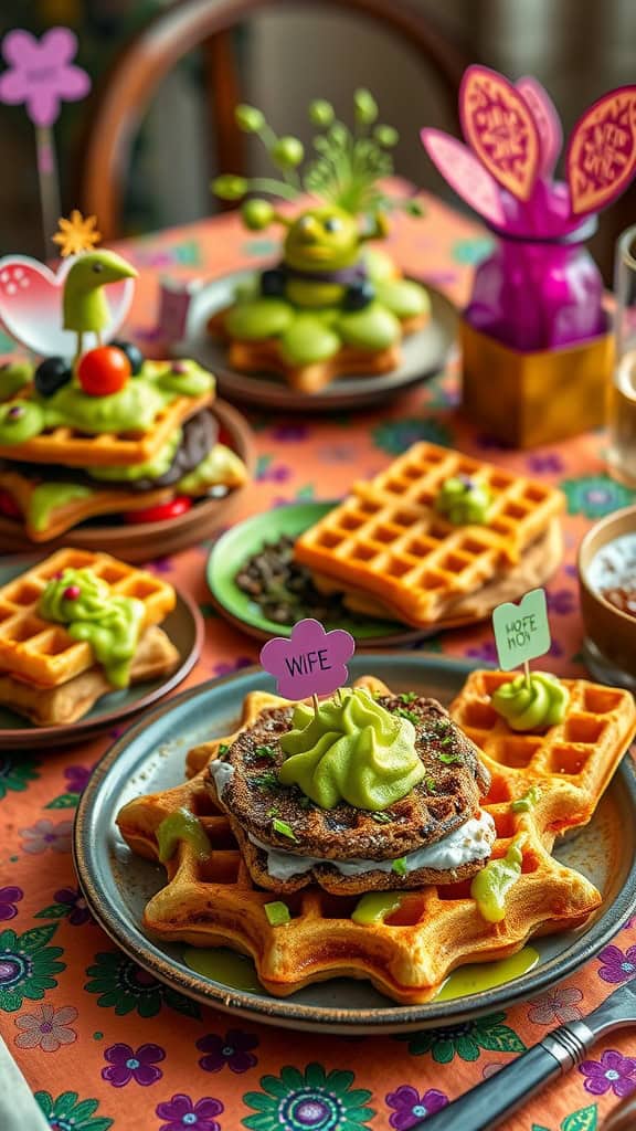 Colorful waffle sandwiches decorated with green frosting and labels on a festive table.