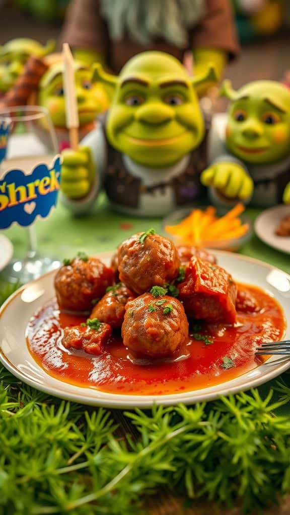 Delicious spicy meatballs on a plate with Shrek-themed decor in the background