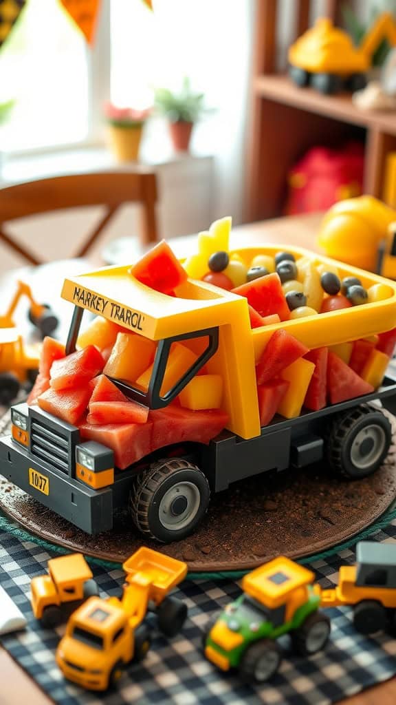 A colorful fruit platter shaped like a dump truck, filled with assorted fresh fruits.