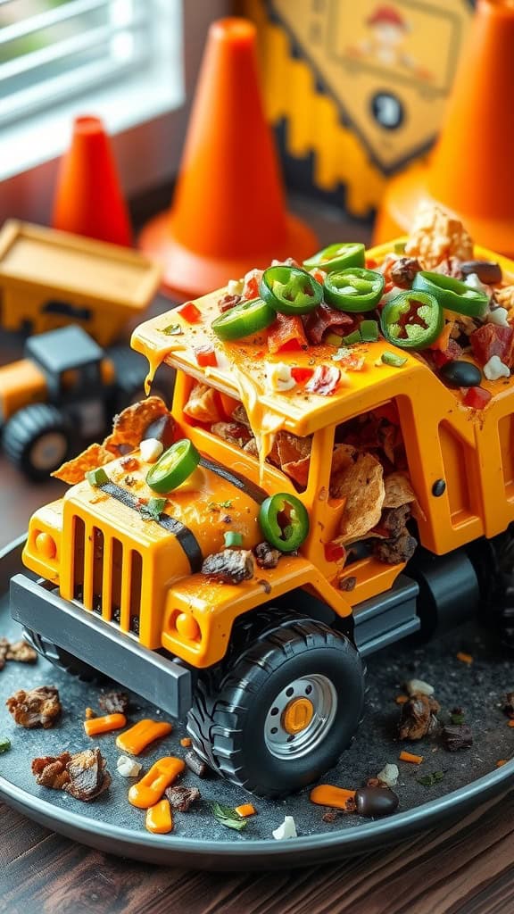 Colorful and fun nachos served in a toy dump truck for a construction-themed party.