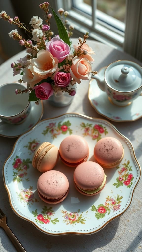 Earl Grey infused macarons on a floral plate with a tea set