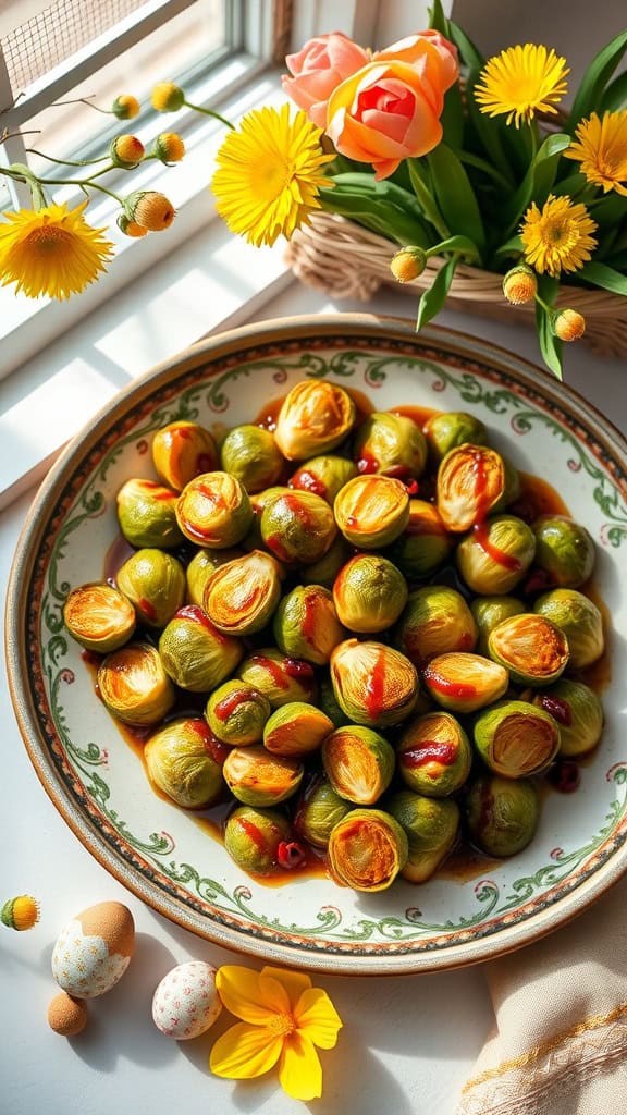 A plate of roasted Brussels sprouts drizzled with balsamic reduction, garnished with colorful flowers and Easter decorations.