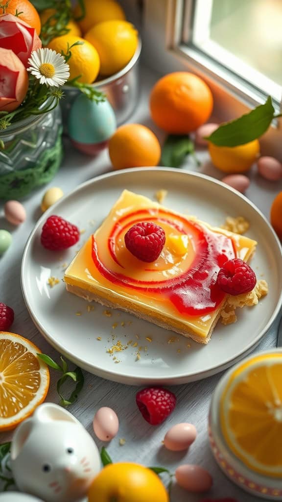 Lemon bars with raspberry swirl, surrounded by citrus fruits and colorful candies